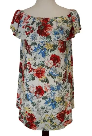 Abercrombie‎ & Fitch Floral Off-The-Shoulder Ruffle Mini Dress White Small thumbnail 1