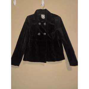 Old Navy Black Velvet Pea Coat Jacket Womens Lined L Dark Academia Preppy Fall thumbnail 2