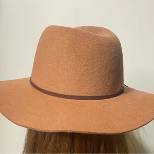 Womens Tan Felt Wide Brim Hat with Brown Ribbon Bow‎ One Size Fits Most thumbnail 3
