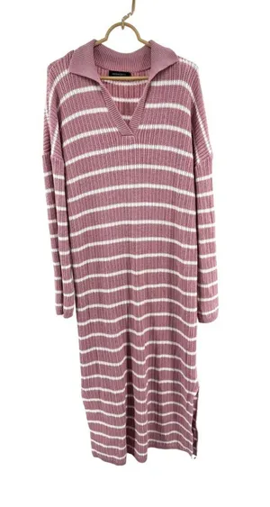 Merokeety Striped Pink sweater Maxi Dress v-neck Collared L side slits casual thumbnail 1