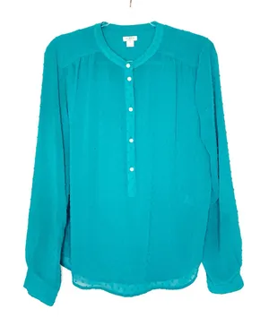J. Crew Factory Teal Blue Plumetis Semi-Sheer Button Front Blouse Womens Large thumbnail 1