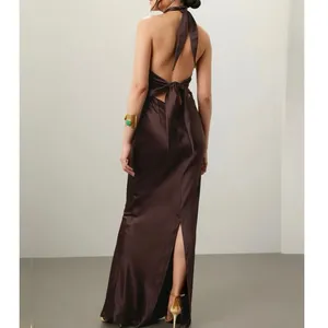 Retrofête Ester Dress brown satin halter Macy dress open back size Large thumbnail 2