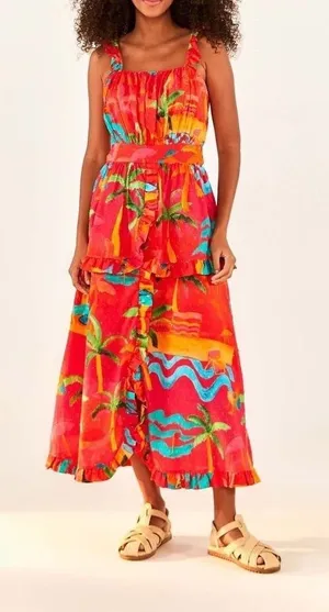 Farm Rio Ipanema Tropical Ruffled Midi Dress Red Palm Tree Cotton Small thumbnail 1