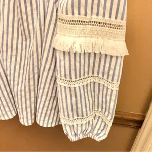 SugarLips Boho Cold Shoulder Tassel Lace Stripe‎ Top Blue White XS thumbnail 4