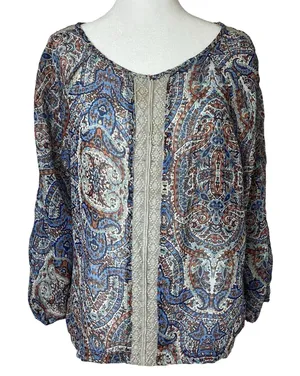 Democracy Size Medium Sheer Blouse Top‎ Lace Balloon Sleeve 20"x22" Lightweight thumbnail 1