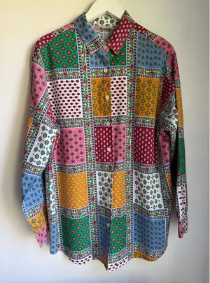 Sarah Chapman Patchwork Print Button Front Shirt Size Large Made in USA thumbnail 1