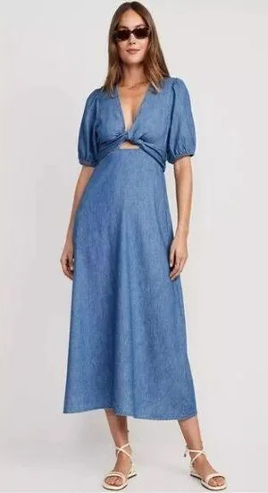Old Navy Fit & Flare Twist-Front Maxi Dress Chambray Size Small thumbnail 1