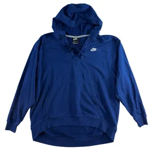 Nike M Medium Hoodie Sweatshirt Classic Swoosh Pullover Deep V-Neck Lace Up Blue thumbnail 1