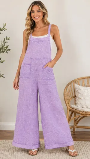 NWOT Zenana Lavender Double Gauze Wide Leg Overalls Jumpsuit Small thumbnail 1