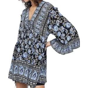 Free People Moonlight Dance Floral Bell Sleeve Boho Tunic Top Blue Size‎ Small thumbnail 1