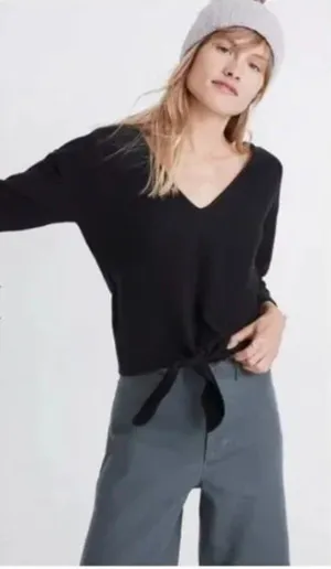 Madewell Texture & Thread Long Sleeve Tie-front Black Top thumbnail 1