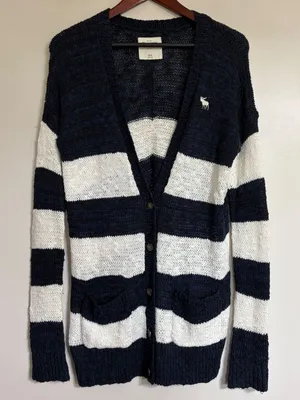 Abercrombie & Fitch Navy Blue White Striped Open Knit Cardigan Sweater XS/S thumbnail 1