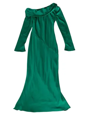 Nia Women’s Claire One Off Shoulder Emerald Green Long Sleeve Satin Midi Dress thumbnail 12