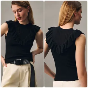 PAIGE Womens Black Rosina Ruffled Pointelle Organic Cotton Silk Blend Knit Top S thumbnail 2