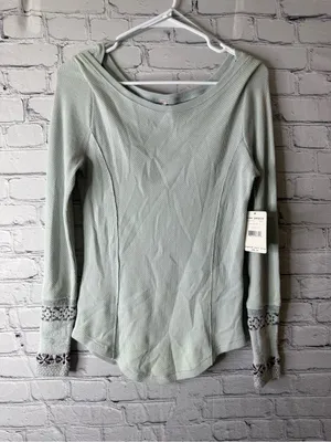 NWT Free People Sage Green Thermal Long Sleeve with Embroidered Cuffs large thumbnail 2