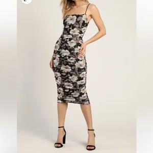 Lulu’s We Really Mesh Black Floral Print Sleeveless Ruched Midi Dress NWT Small thumbnail 3