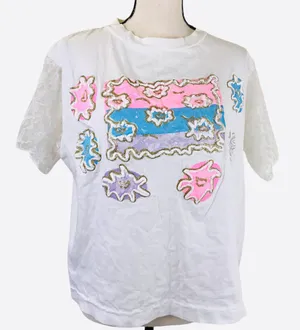 Totally 90s Vintage Style Up! White Pink Blue Puff Design Floral Lace T Shirt OS thumbnail 1