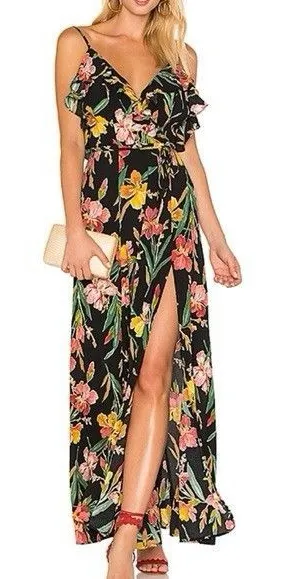 Privacy Please Black Floral Ruffle Maxi Dress Adjustable Straps V-Neck Size S thumbnail 1