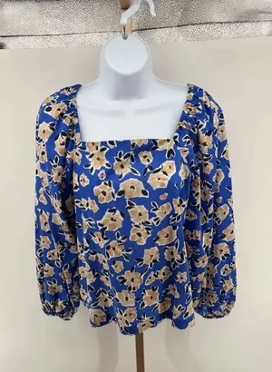 Ann Taylor Floral Square Neck Puff Sleeve Top Womens S Blue Tan Office Bohemian thumbnail 1