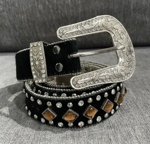 Western Leather Black Calf Hair Studded Rhinestone Embellished Statement Belt thumbnail 1