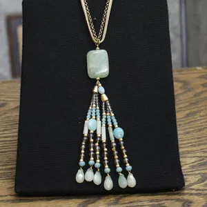 Tassel Pendant Necklace with Faux Leather Cord Tan Brown / Blue Multi 28" thumbnail 1