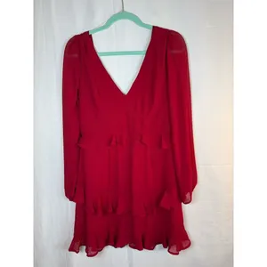 Trixxi Dress Womens M Red Chiffon Ruffle Tiered Mini V-Neck Long Sleeve thumbnail 3