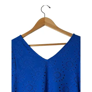 ModCloth Eyelet Dress Women Medium Blue Ruffle Hem V Neck Short Sleeve Mini thumbnail 6