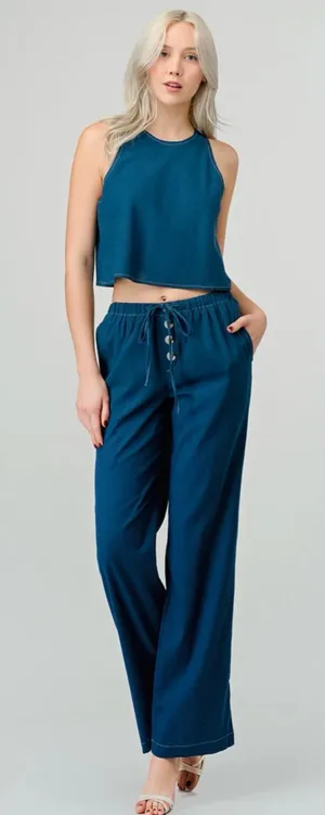 Rowan Coastal Linen Blend 2-Piece Set Crop Top & Wide Leg Pants Size Medium thumbnail 1