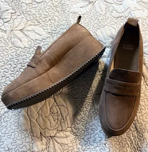 💥 Eileen Fisher Max Nubuck Leather Wedge Platform Loafers Taupe Sz 7 🧡 thumbnail 1