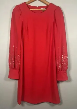 Calvin Klein Red Beaded Sleeve‎ Sheath Midi Dress Size 6 Holiday Party Cocktail thumbnail 1