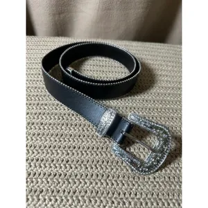 Western Rhinestone Bling Belt Black Faux Leather Silver Buckle XL RN52469 thumbnail 2