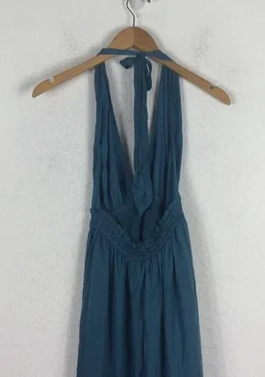 Lulus Unforgettable Night Maxi Dress XS Teal Blue Satin Halter Open Back Beach thumbnail 13