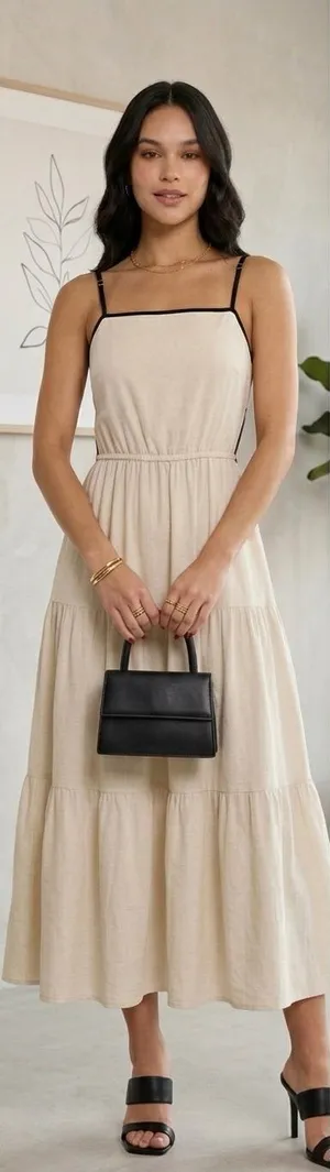 Blu Pepper Hazel Khaki Midi Dress NWT Boho Tiered Open Back Tie Cream Large thumbnail 1