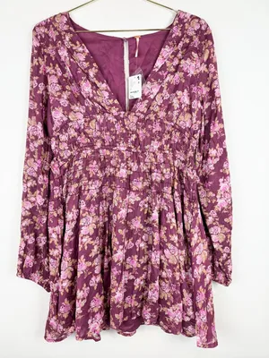 NWT Free People Keep You Mini Dress in Berry Combo Long Sleeve Floral Size Small thumbnail 6