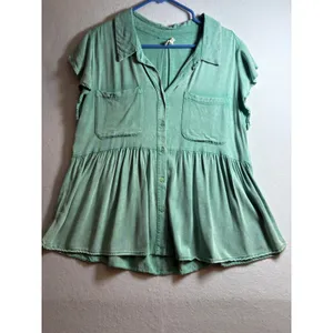 Sodifl Women Green Mineral Wash Babydoll Button Down Peplum Blouse Large thumbnail 2