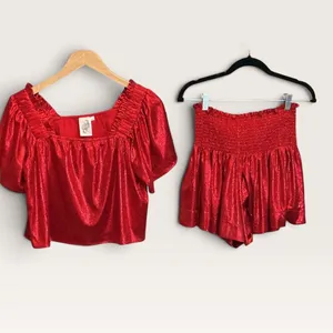 Queen of Sparkles Red Metallic Smocked Top and Ruffle Shorts Set Medium thumbnail 4