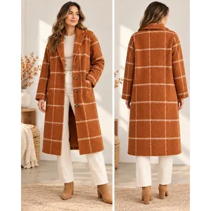 Old Navy Womens Long Windowpane Plaid Coat Rust Orange Boucle Overcoat Large thumbnail 2