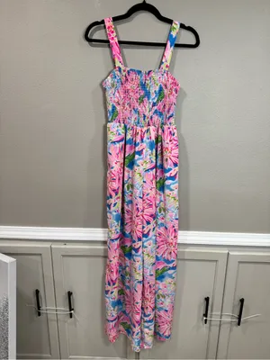 Smocked Floral Wide-Leg Jumpsuit in Pink & Blue thumbnail 2