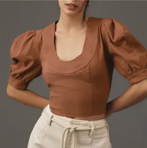NWT Anthropologie Scoop Neck Puff Sleeve Linen Blend Cropped Blouse Top Size S thumbnail 1