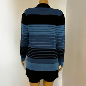 Misook Striped Knit Cardigan Sweater Blue Black‎ Long Sleeve Collar Medium thumbnail 3
