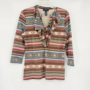 Chaps Denim Southwestern Womens Top Sz L Ruffle Lace Up Aztec Boho Y2K Western thumbnail 2