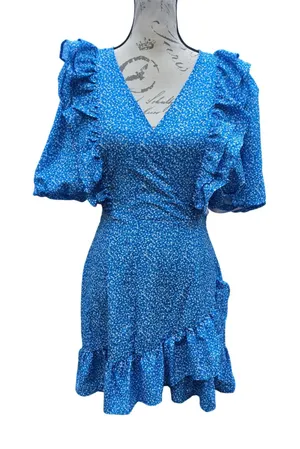 Missguided NWT Blue Floral Ruffle Faux Wrap‎ Mini Dress Puff Sleeve Womens 6 thumbnail 1
