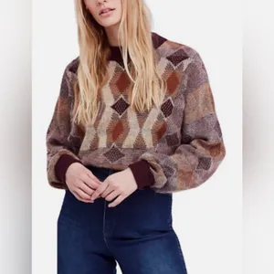 Free People Diamond Days Sweater Wool Mohair Grandpa Cottage Retro Size Large thumbnail 5