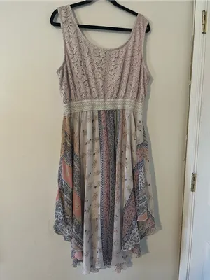 Pink Floral Patchwork Lace Midi Dress 3XL Handkerchief Hem Cottagecore Prairie thumbnail 7