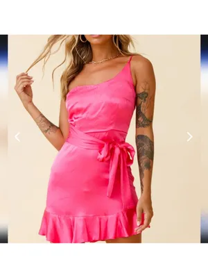Nwt SELFIE LESLIE DONT WAIT UP ONE‎ SHOULDER WAIST TIE DRESS BARBIE HOT PINK thumbnail 6