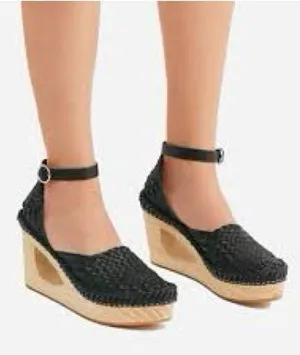 Free People women Black leather Woven Ankle-Strap Platform Wedges sandals US 8 thumbnail 1