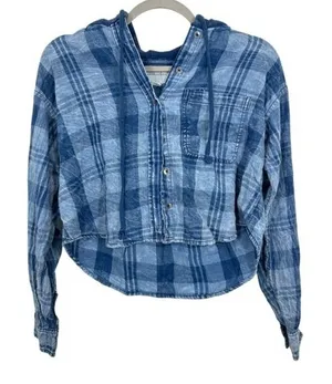 American Eagle‎ Outfitters Womens Plaid Cropped Hoodie Shirt XXS Blue Distressed thumbnail 1