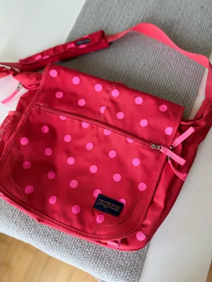Jansport Red Oversized Messenger Bag with Pink Polka Dots thumbnail 2