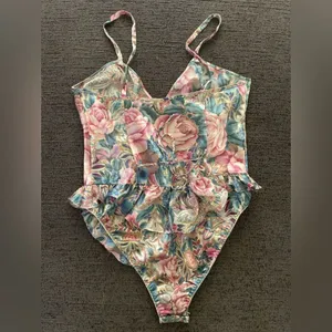 Vintage Victorias Secret Floral Satin Ruffle Teddy Bodysuit Sz Medium‎ thumbnail 6