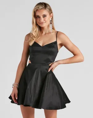 Windsor Black Satin Fit-and-Flare Spaghetti Strap Cutout Dress Size 5/6 thumbnail 1